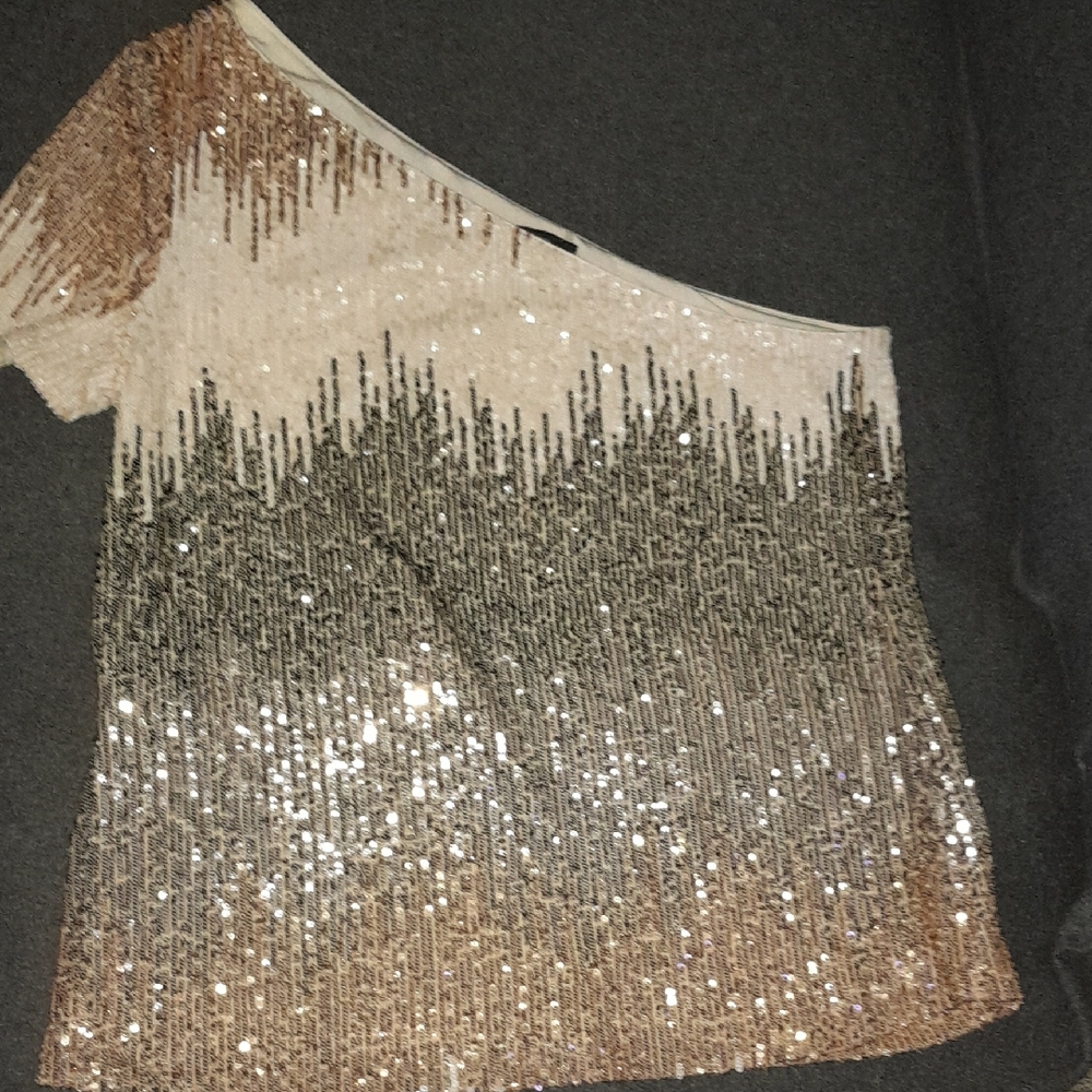 DREW Gold and Silver Sequin One-Shoulder Blouse